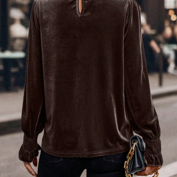 Chocolate Brown Casual Women's Ruffle Trim Round Neck Long Sleeve Shirt - Picture 2 of 6